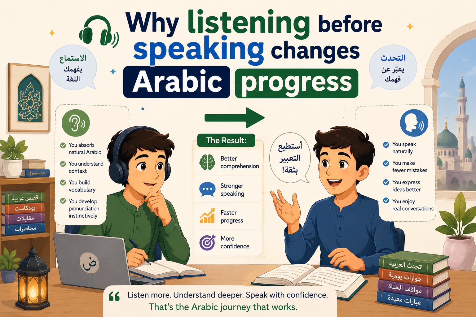 Arabic learner focused on listening and pronunciation during an online lesson